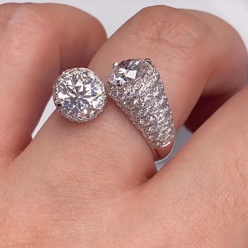 4.0CT White Gold Ring With Two Round Diamonds And Pave Diamonds