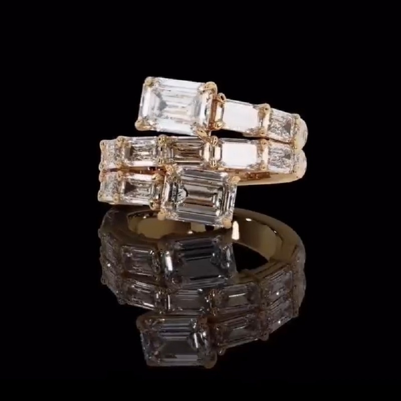 4.0 Ct Graduated Emerald Cut Diamond Pave Set Wrap Engagement Ring