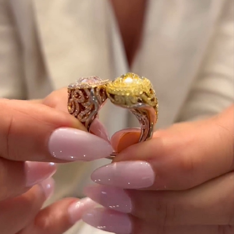 6.0CT Yellow And Pink Color Separation Double Pear Cut Diamonds Ring