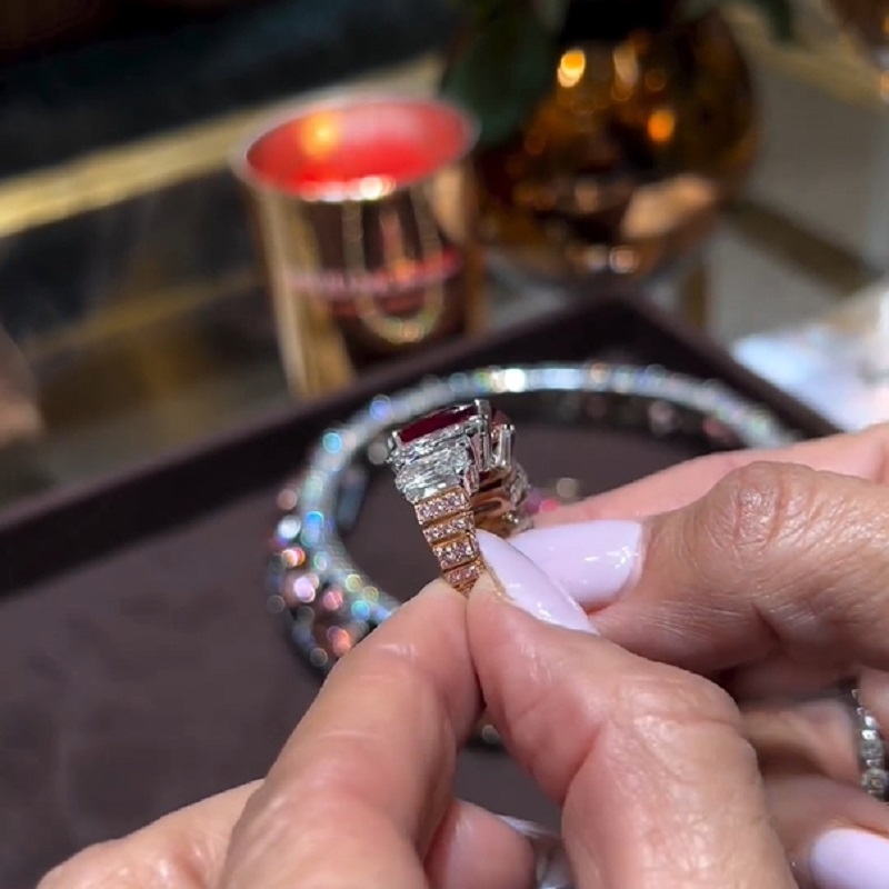 5.10 CT Cushion Cut Pinkish Red Ruby Diamonds Ring