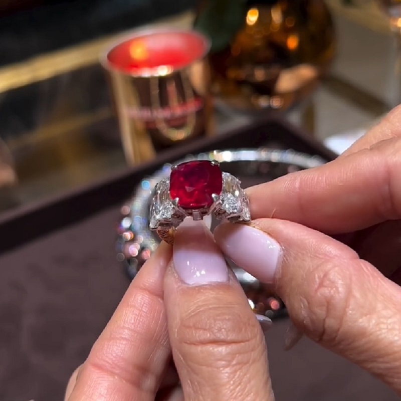5.10 CT Cushion Cut Pinkish Red Ruby Diamonds Ring