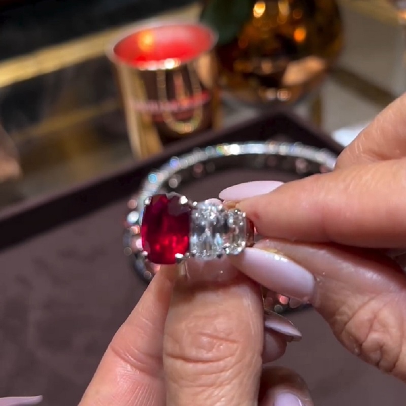 5.10 CT Cushion Cut Pinkish Red Ruby Diamonds Ring
