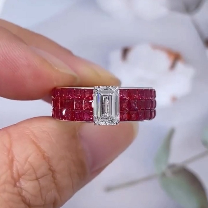 4.0CT Ruby And Emerald Cut Diamond Cocktail Ring