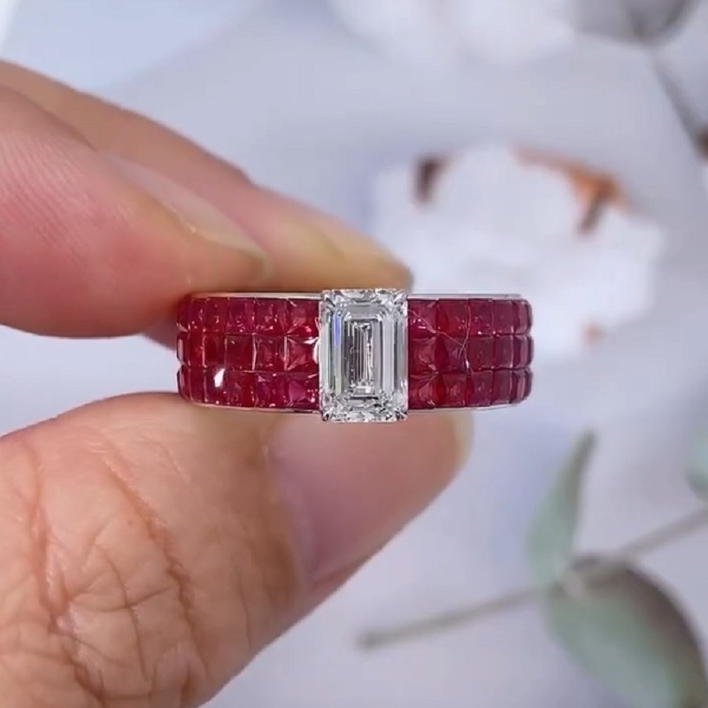 4.0CT Ruby And Emerald Cut Diamond Cocktail Ring