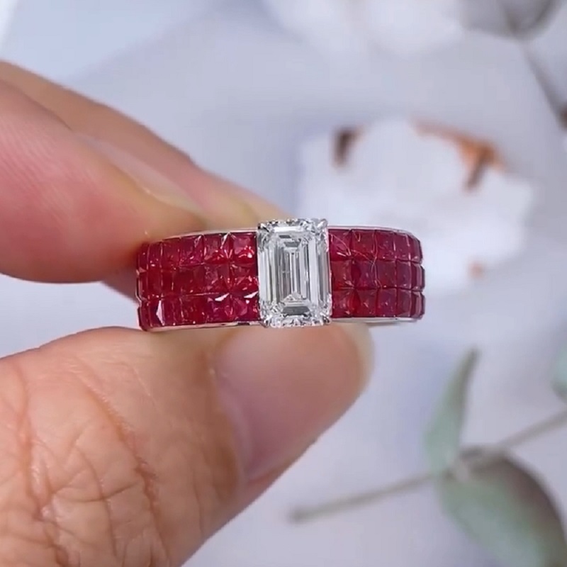 4.0CT Ruby And Emerald Cut Diamond Cocktail Ring