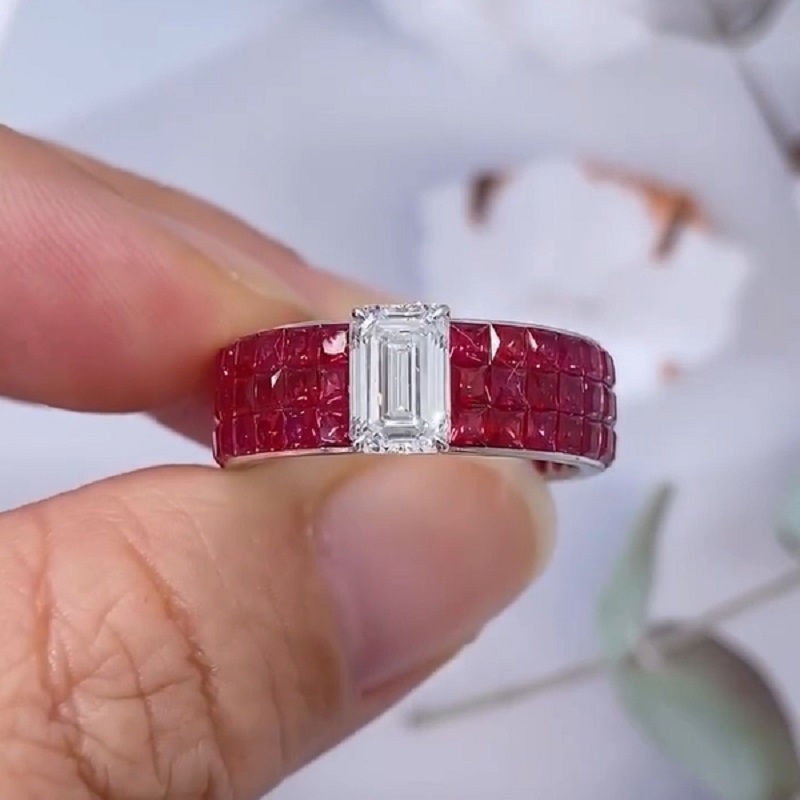 4.0CT Ruby And Emerald Cut Diamond Cocktail Ring