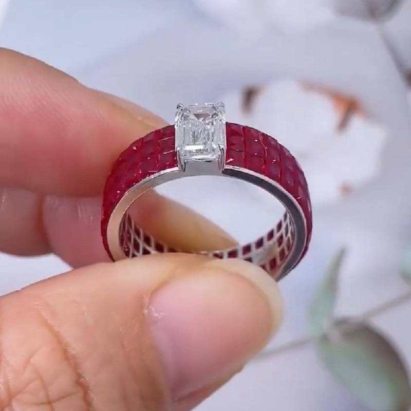 4.0CT Ruby And Emerald Cut Diamond Cocktail Ring