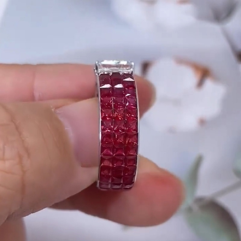 4.0CT Ruby And Emerald Cut Diamond Cocktail Ring