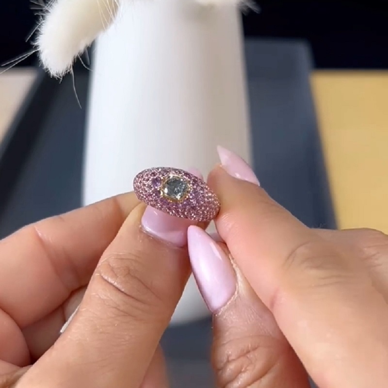 1.0CT Fancy Grayish Bluish Green Diamond & Purple Sapphire 18k Gold