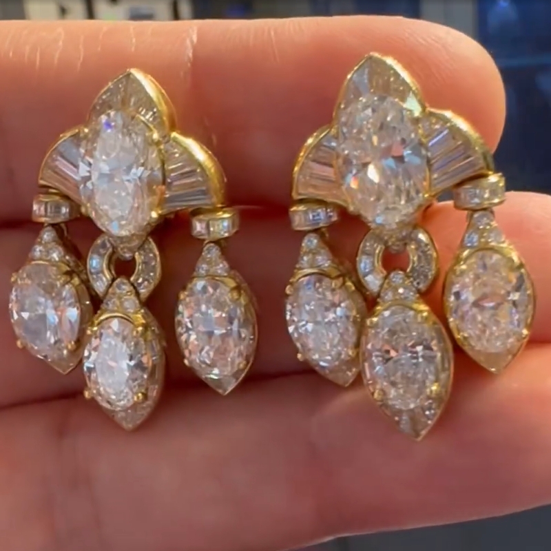 18K Yellow Gold Oval Cut Vintage Diamond Earrings