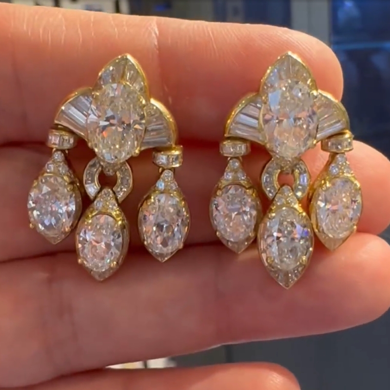 18K Yellow Gold Oval Cut Vintage Diamond Earrings