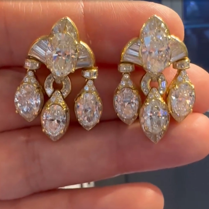 18K Yellow Gold Oval Cut Vintage Diamond Earrings