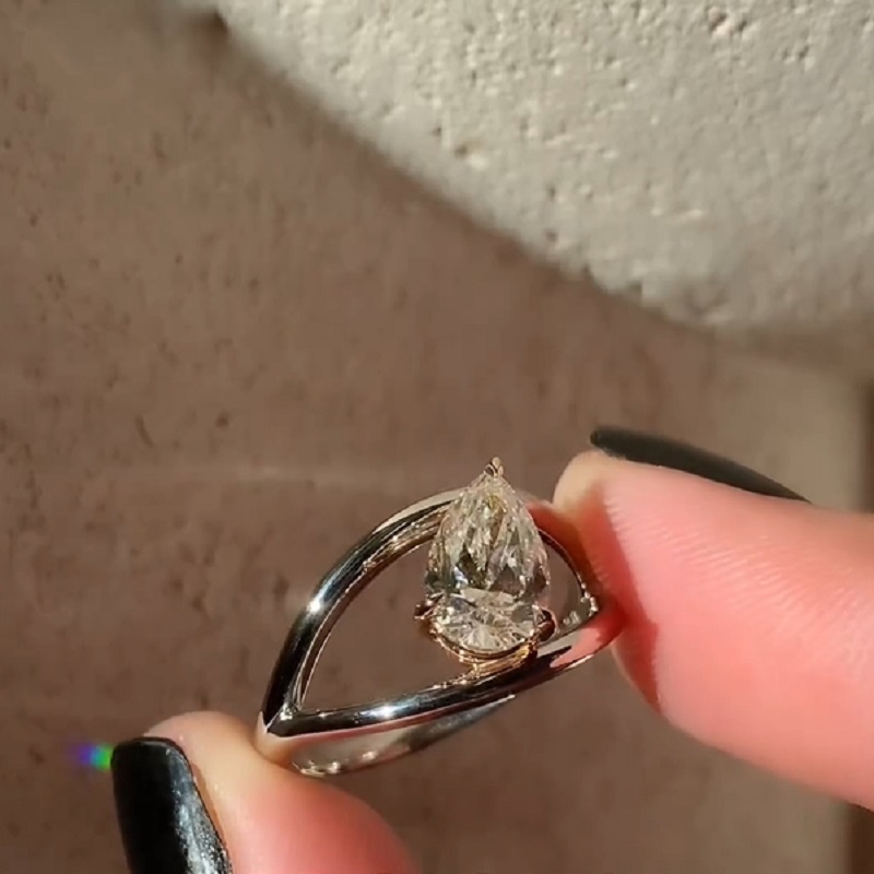 1.4CT Split Shank Halo Design Pear Cut Solitaire Engagement Ring