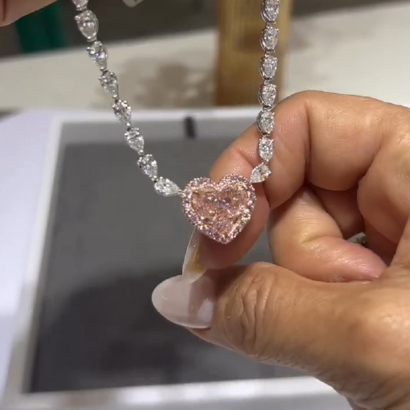 10CT Heart Cut Fancy Champagne Pink Pendant Necklace