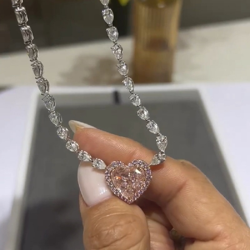10CT Heart Cut Fancy Champagne Pink Pendant Necklace