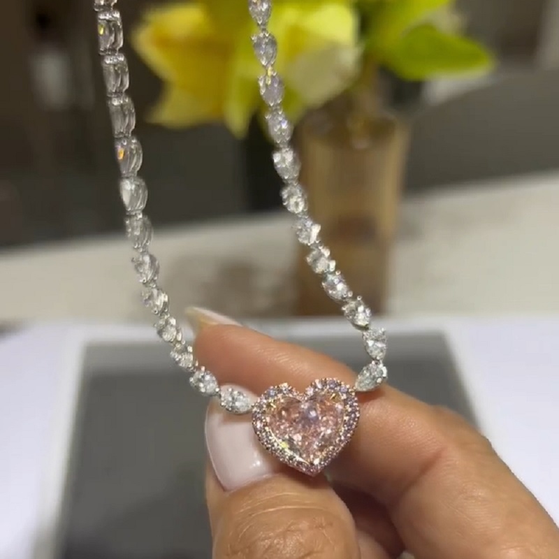 10CT Heart Cut Fancy Champagne Pink Pendant Necklace