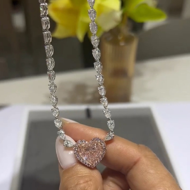 10CT Heart Cut Fancy Champagne Pink Pendant Necklace