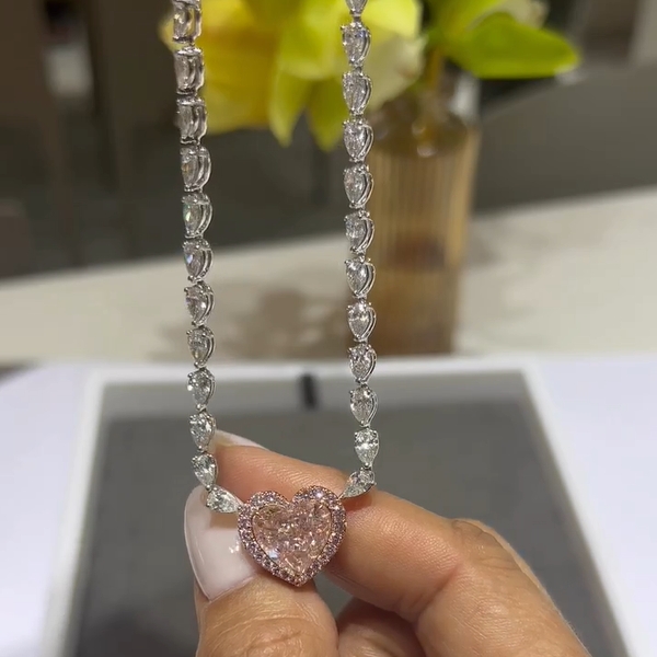 10CT Heart Cut Fancy Champagne Pink Pendant Necklace