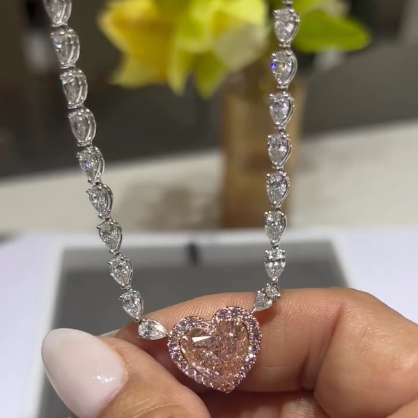 10CT Heart Cut Fancy Champagne Pink Pendant Necklace