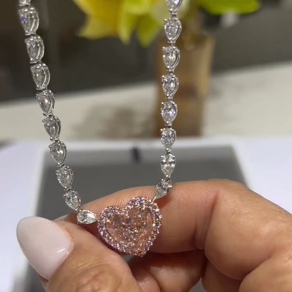 10CT Heart Cut Fancy Champagne Pink Pendant Necklace