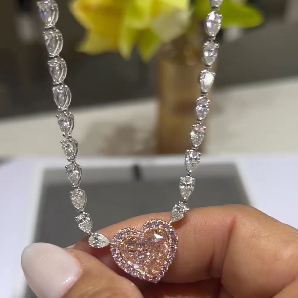 10CT Heart Cut Fancy Champagne Pink Pendant Necklace