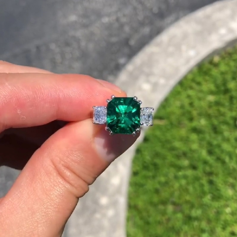 5.2CT Classic Three Stone Cushion Cut Emerald And Diamond Ring