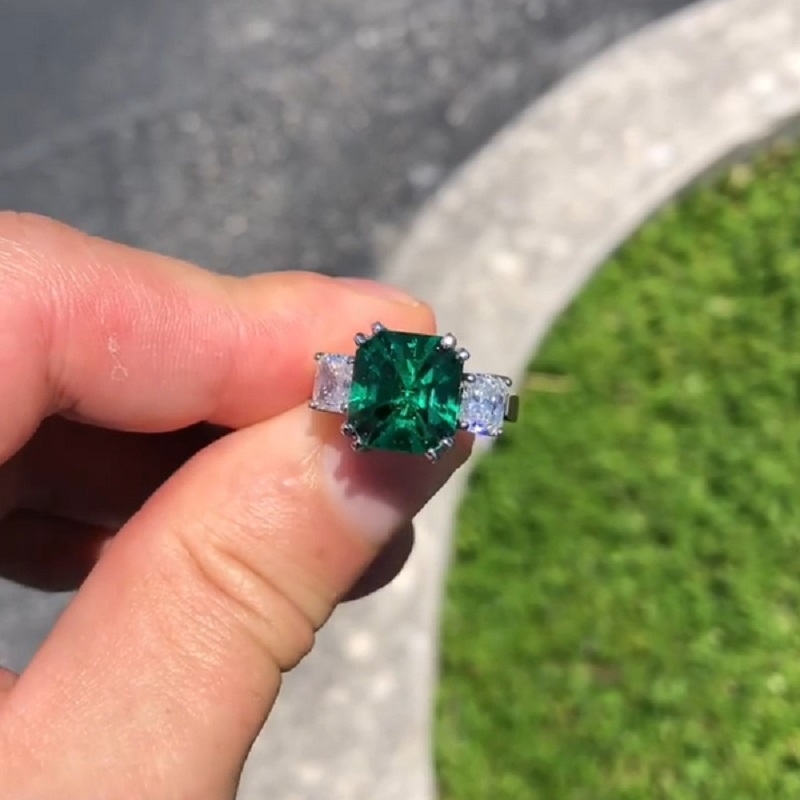 5.2CT Classic Three Stone Cushion Cut Emerald And Diamond Ring