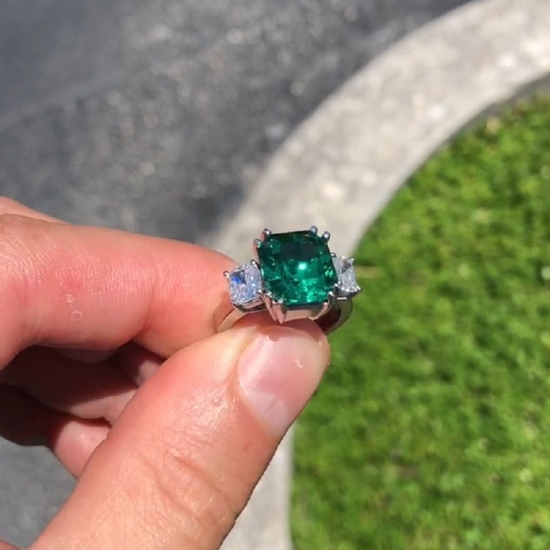 5.2CT Classic Three Stone Cushion Cut Emerald And Diamond Ring
