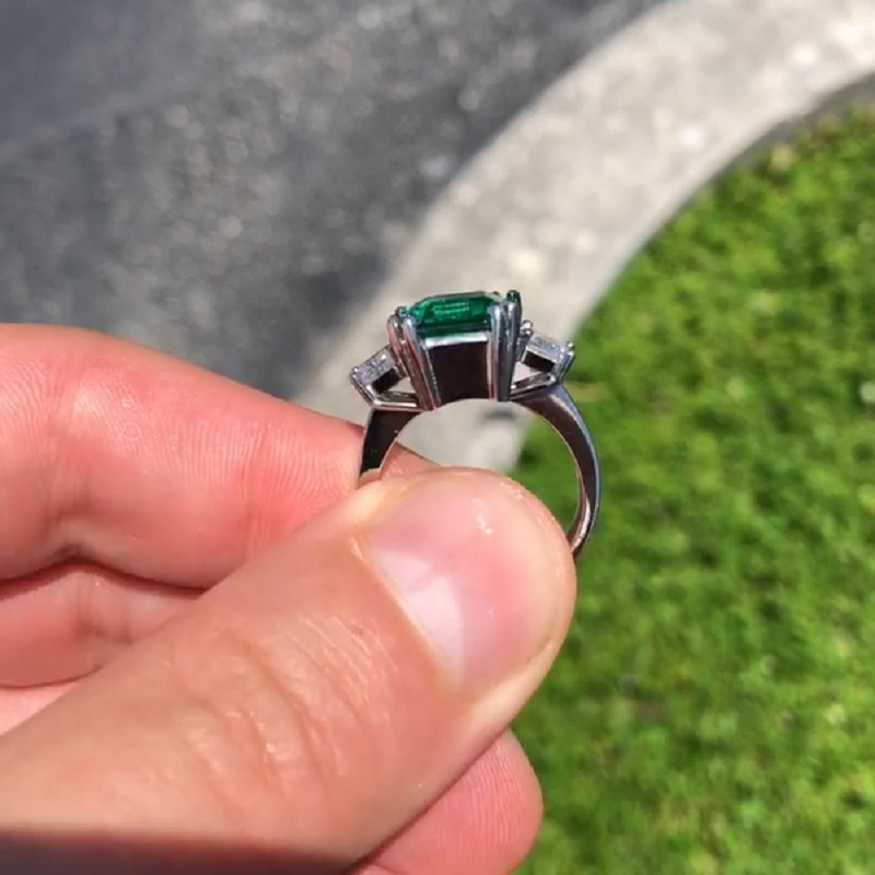 5.2CT Classic Three Stone Cushion Cut Emerald And Diamond Ring