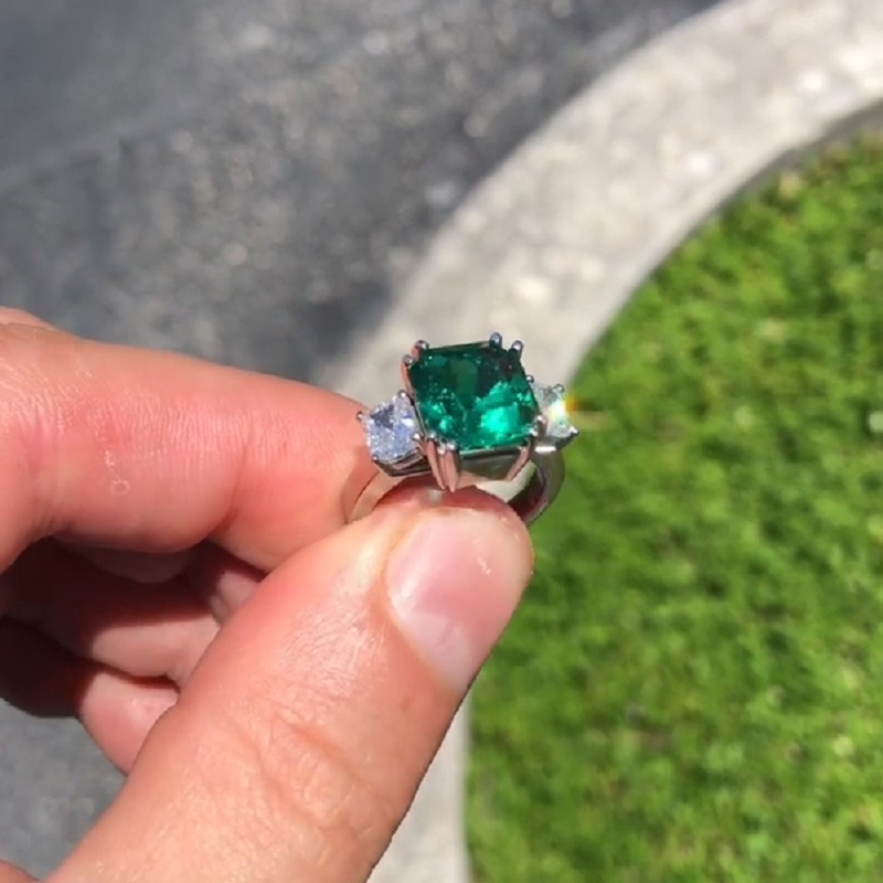 5.2CT Classic Three Stone Cushion Cut Emerald And Diamond Ring