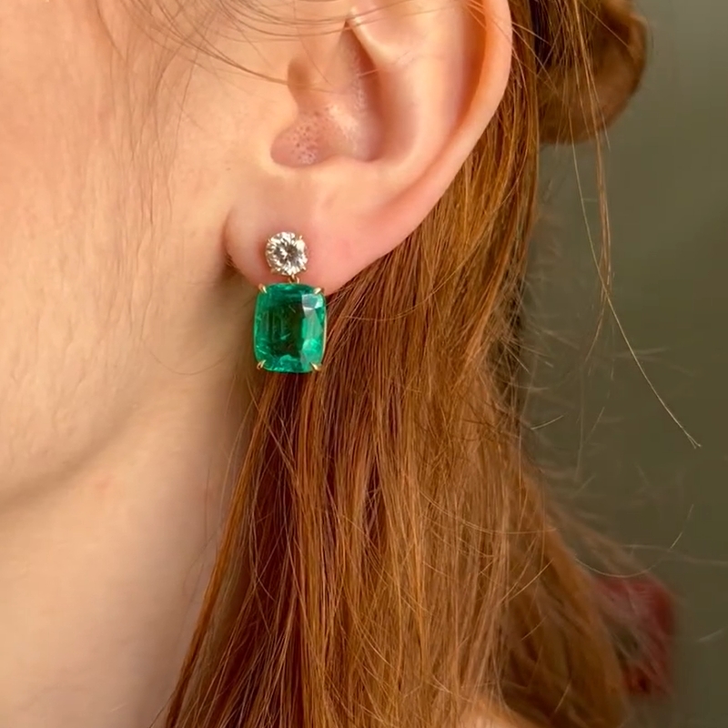 32CT Cushion Cut Emerald Drop Earrings