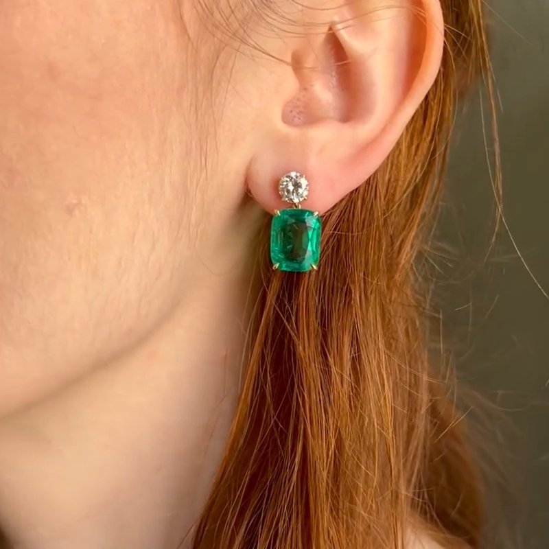 32CT Cushion Cut Emerald Drop Earrings