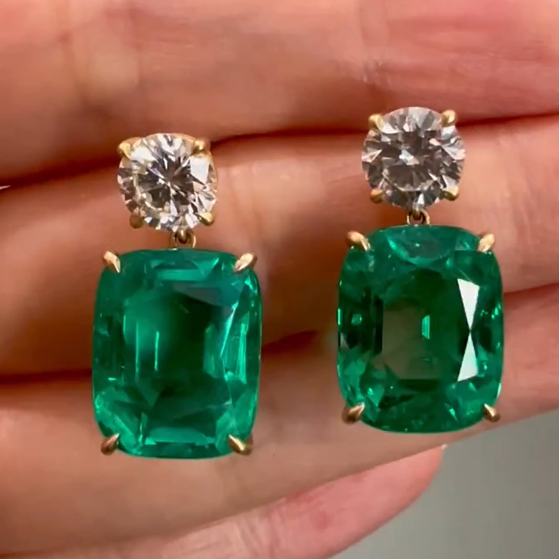 32CT Cushion Cut Emerald Drop Earrings