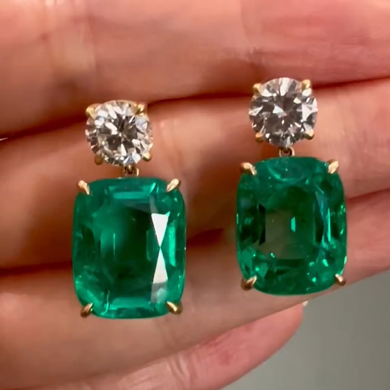 32CT Cushion Cut Emerald Drop Earrings