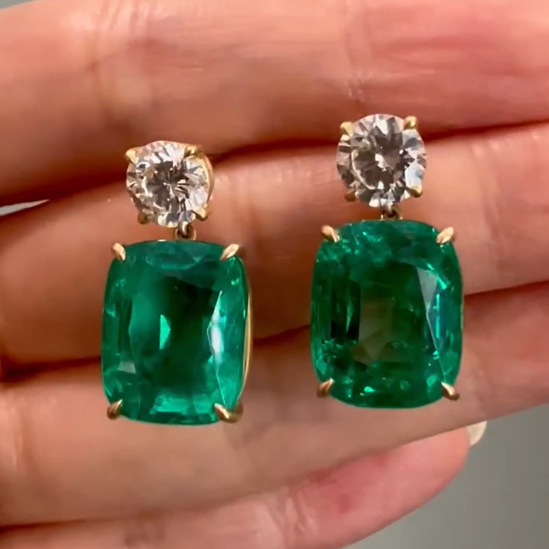 32CT Cushion Cut Emerald Drop Earrings
