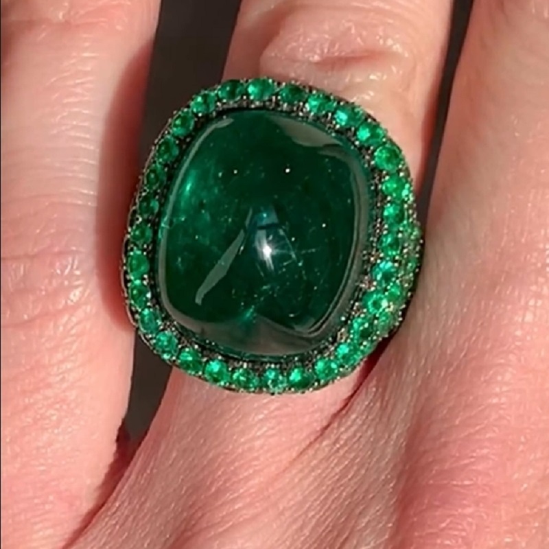 5.6CT Cabochon Green Oval Cut Women Sterling Silver Rings