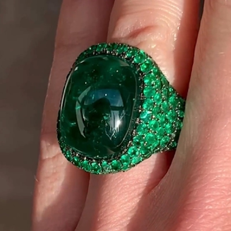 5.6CT Cabochon Green Oval Cut Women Sterling Silver Rings