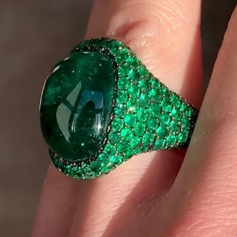 5.6CT Cabochon Green Oval Cut Women Sterling Silver Rings