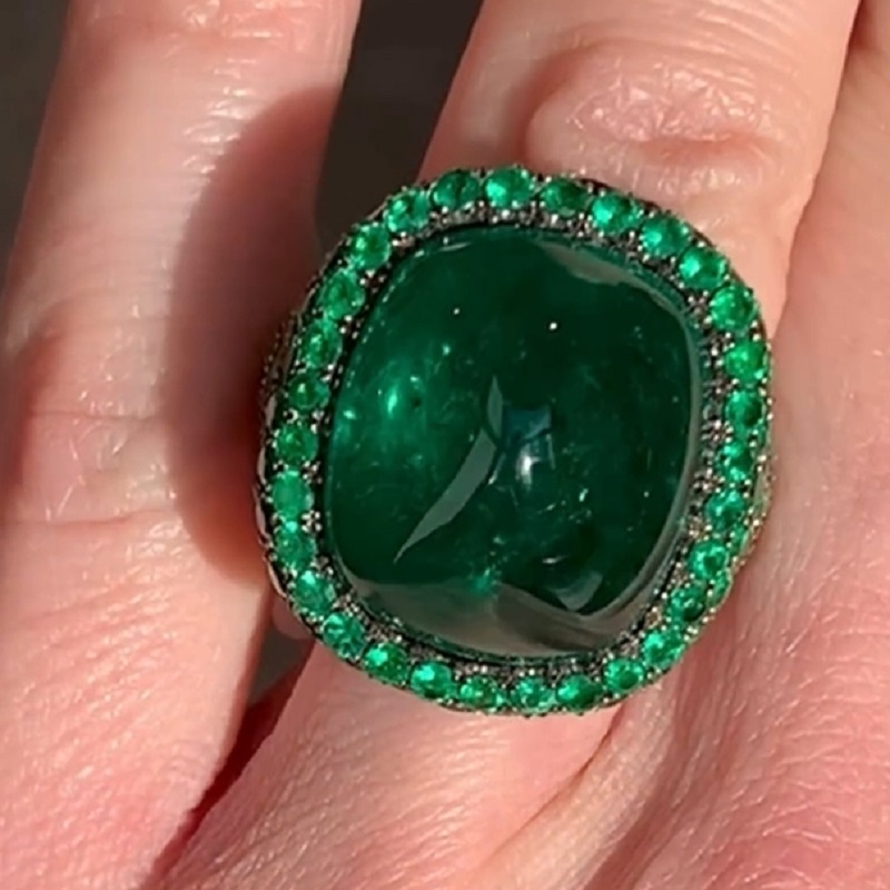 5.6CT Cabochon Green Oval Cut Women Sterling Silver Rings