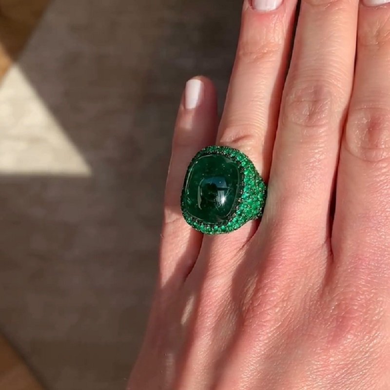 5.6CT Cabochon Green Oval Cut Women Sterling Silver Rings