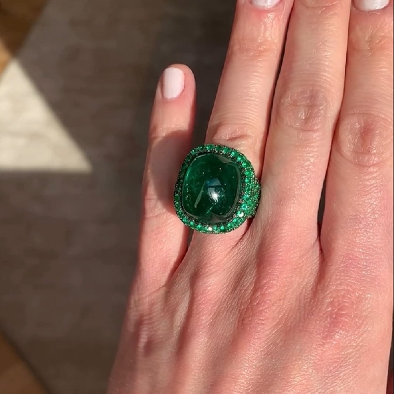 5.6CT Cabochon Green Oval Cut Women Sterling Silver Rings