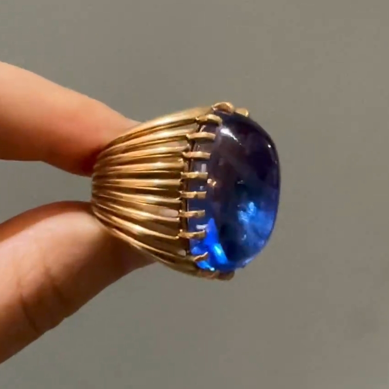 32.12Carat Vintage Raw Blue Sapphire Golden Brass Diamond Ring