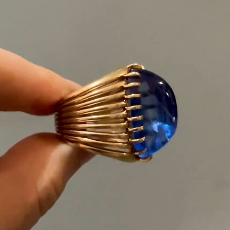 32.12Carat Vintage Raw Blue Sapphire Golden Brass Diamond Ring