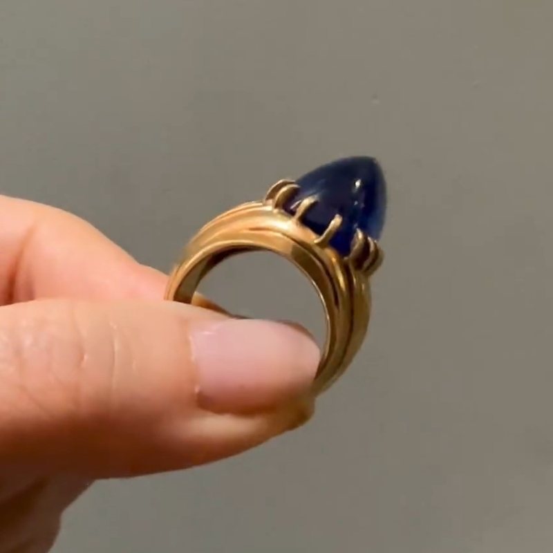32.12Carat Vintage Raw Blue Sapphire Golden Brass Diamond Ring