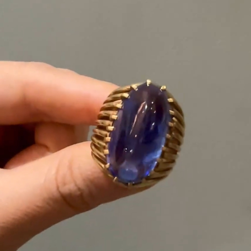 32.12Carat Vintage Raw Blue Sapphire Golden Brass Diamond Ring