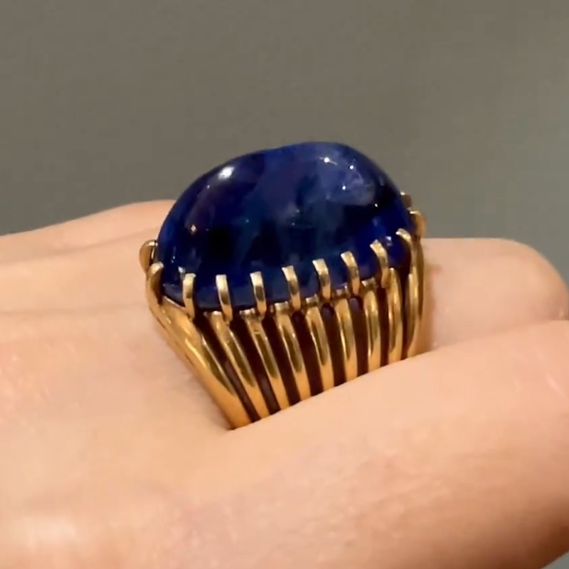 32.12Carat Vintage Raw Blue Sapphire Golden Brass Diamond Ring