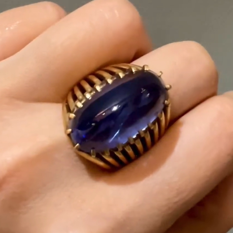 32.12Carat Vintage Raw Blue Sapphire Golden Brass Diamond Ring