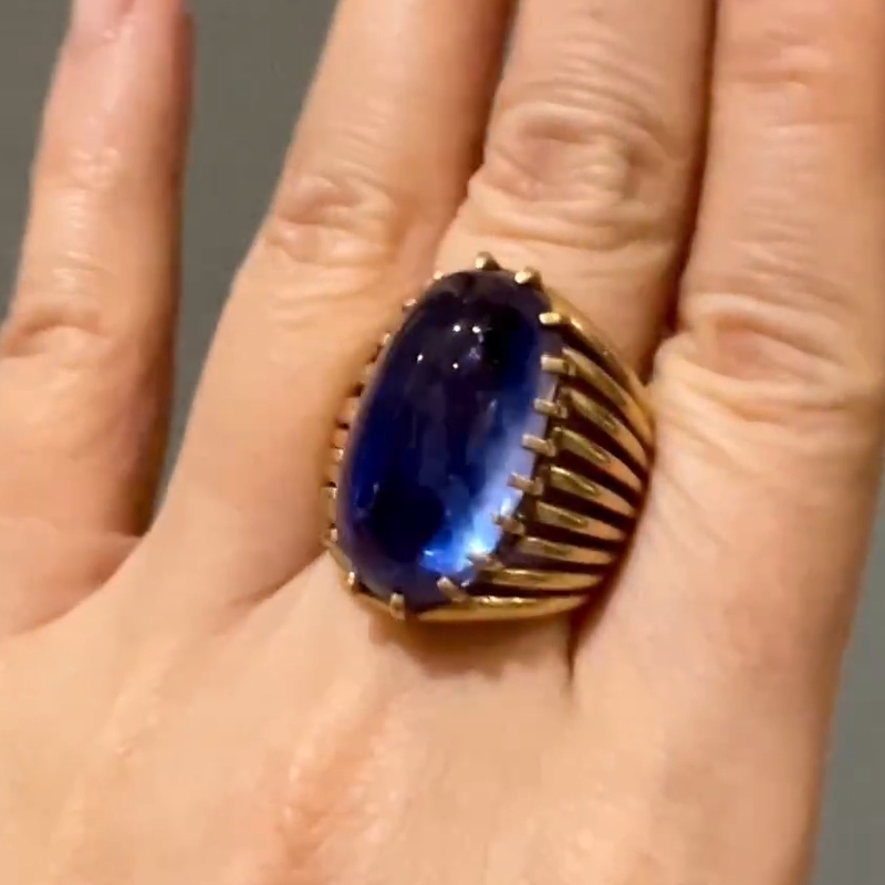 32.12Carat Vintage Raw Blue Sapphire Golden Brass Diamond Ring