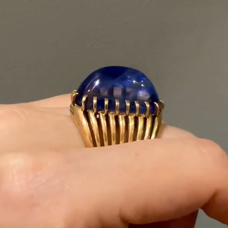 32.12Carat Vintage Raw Blue Sapphire Golden Brass Diamond Ring