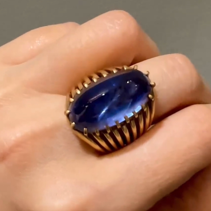 32.12Carat Vintage Raw Blue Sapphire Golden Brass Diamond Ring